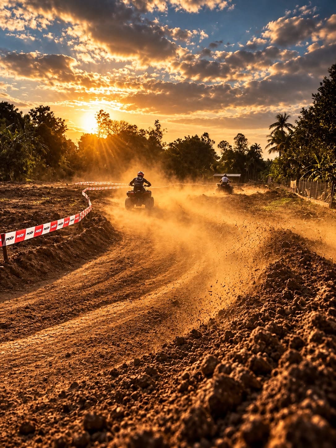 Curva de terra da pista Texas Off Road com quadriciclos ao fundo