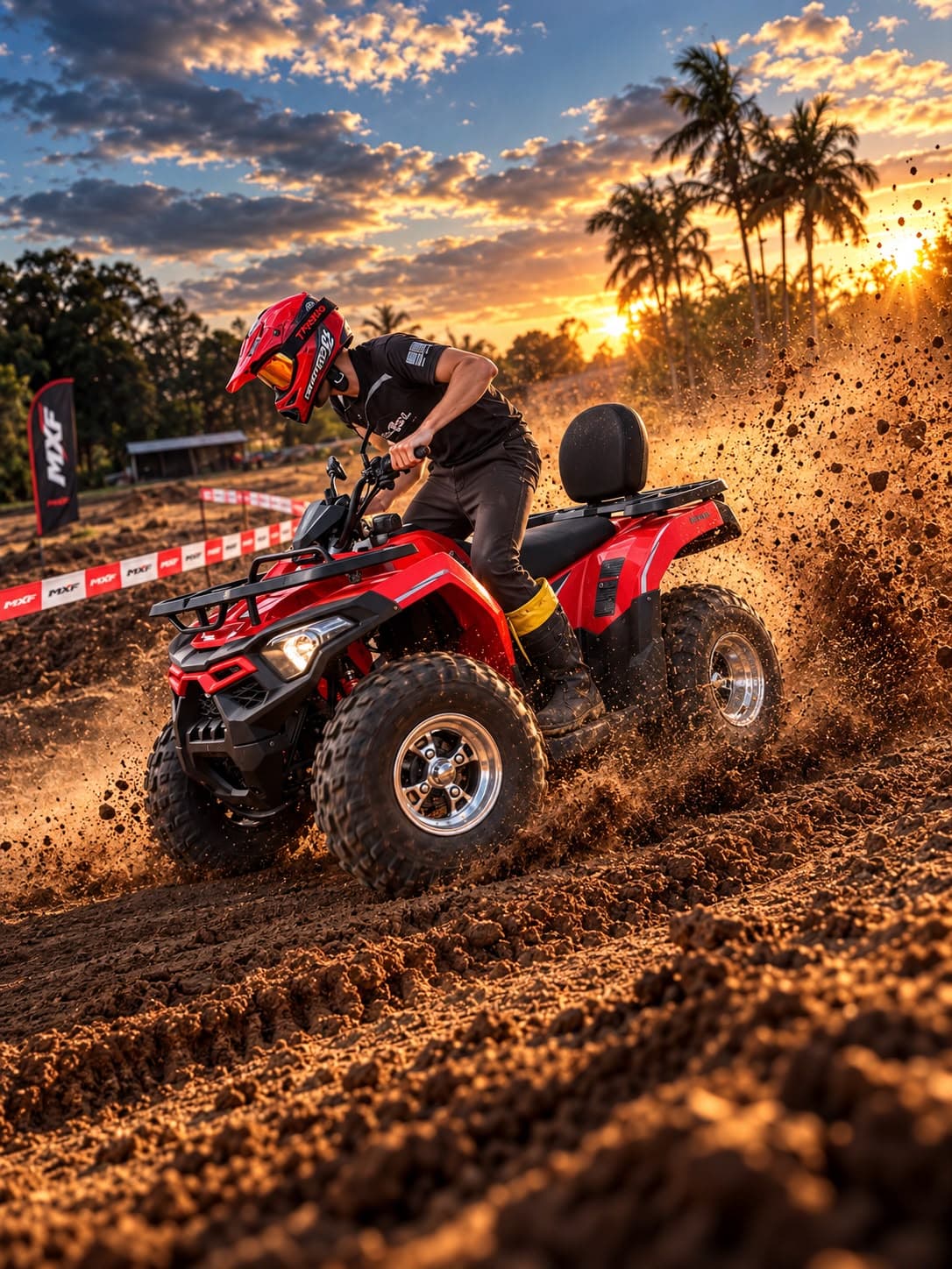 Piloto de capacete vermelho acelerando quadriciclo na pista Texas Off Road